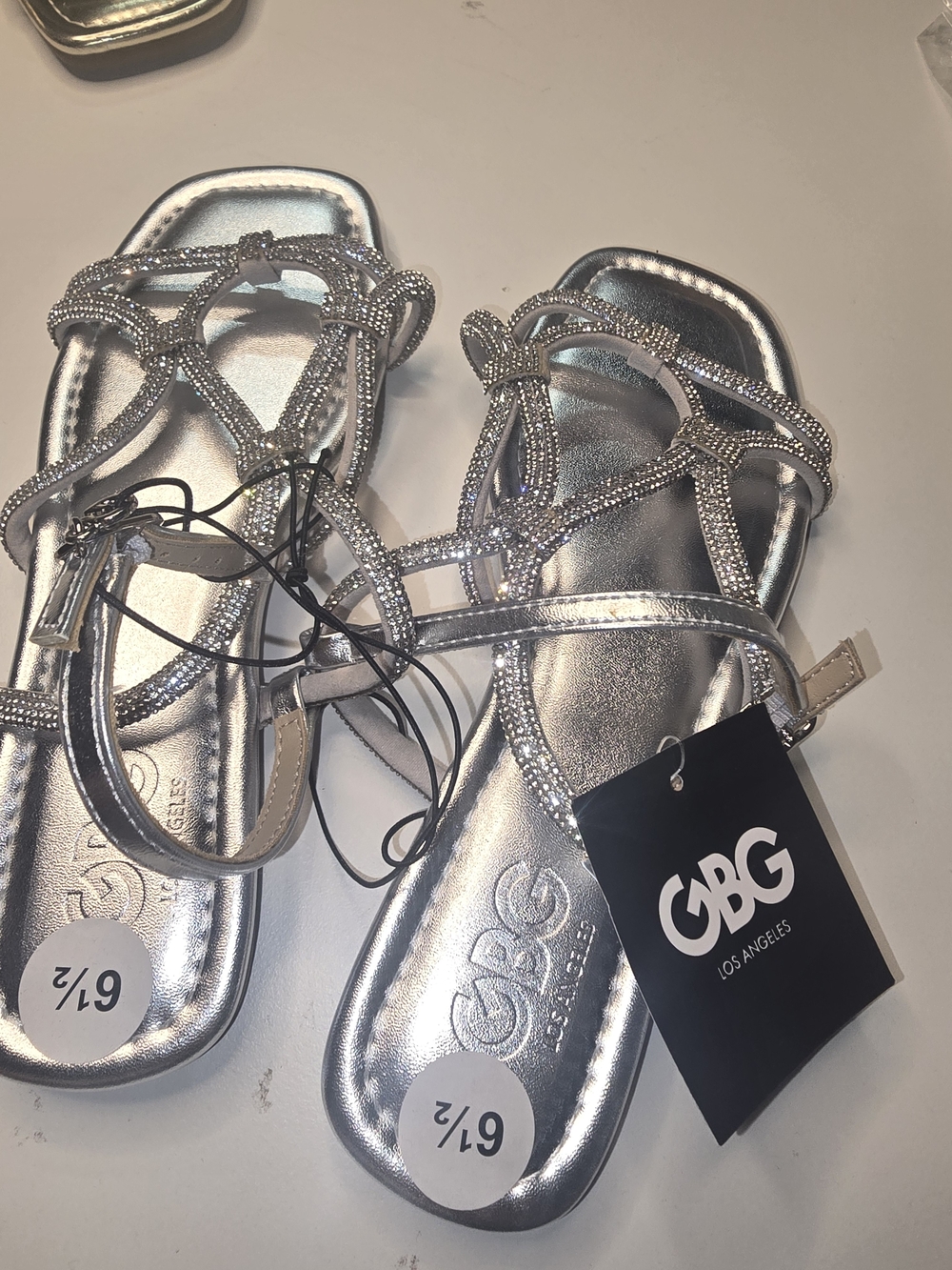 GBG Los Angeles Silver Rhinestone Knotted Strap Sandals
